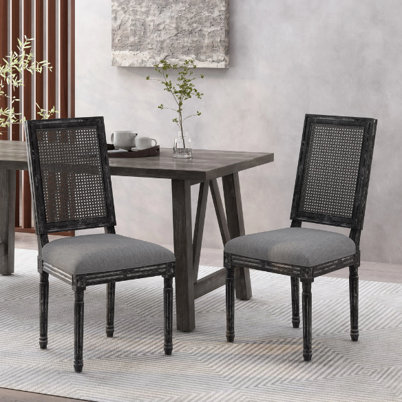 French Country Wood and Cane Upholstered Dining Chairs – Weathered Rubberwood Frame with Fluted Legs & Rectangular Cane Backrest