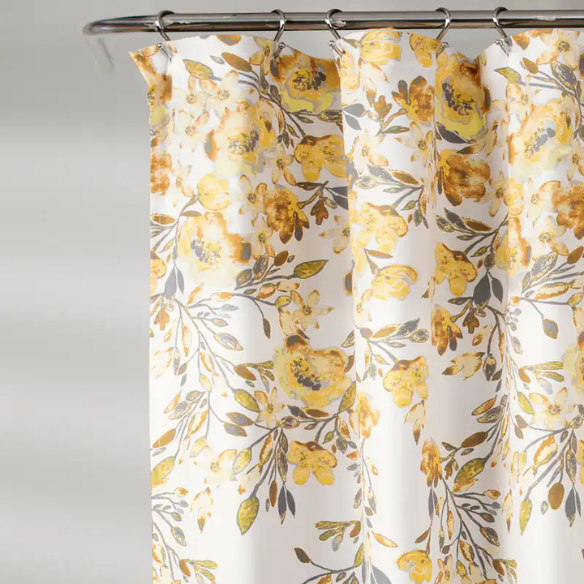Yellow and Grey Floral Vine Shower Curtain – Shabby Chic Farmhouse Style, 72" x 72"