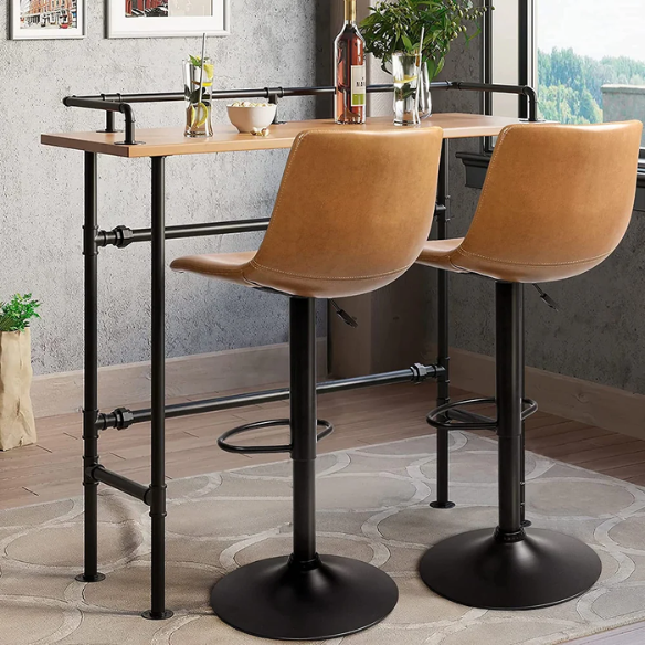 Set of 2 Adjustable Height Swivel Bar Stools with Back – Mid-Century Modern Design, Polished Chrome Base, Ergonomic Imitation Leather Seat, 360° Rotation for Kitchen Island or Bar