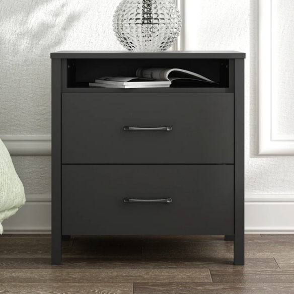 22.7" 2-Drawer Nightstand – Space-Saving Modern Minimalism, Engineered Wood with Clean-Lined Silhouette, Neutral Finish, Open Cubby & 2 Spacious Drawers for Bedroom Storage, Ideal for Tech & Accessories