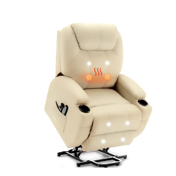 Beige Cream Swivel Rocker Recliner with Massage & Heating – 360° swivel, soothing rocking, 8 vibration massage points, lumbar heating, and convenient storage. Perfect for relaxation, with durable materials and easy assembly.