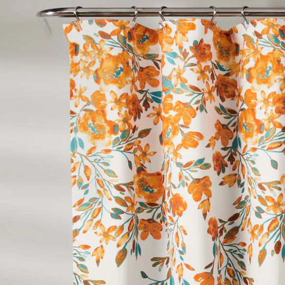 Orange and Teal Floral Vine Shower Curtain – Shabby Chic Farmhouse Elegance, 72" x 72"