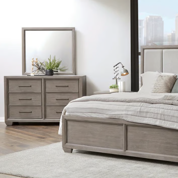 6-Piece Gray Wood Bedroom Set with Upholstered Panel Bed, Dresser, Mirror, 2 Nightstands, and Chest – Elegant and Timeless Design
