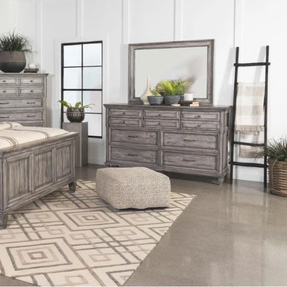 Exquisite Old-World Charm with Glamorous Flair – 5-Piece King Bedroom Set in Grey with Crown Molding, Felt-Lined Drawers, and Built-In Outlets