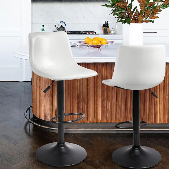 Set of 2 Adjustable Height Swivel Bar Stools with Back – Mid-Century Modern Design, Polished Chrome Base, Ergonomic Imitation Leather Seat, 360° Rotation for Kitchen Island or Bar