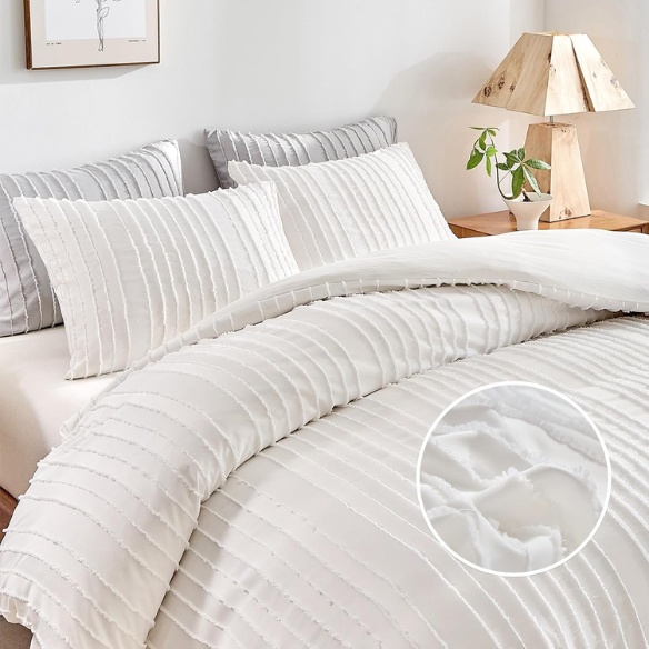 Luxurious Tufted Duvet Cover Set – Queen Size | Striped Textured Boho Bedding | Ultra-Soft Washed Microfiber | 3-Piece Set