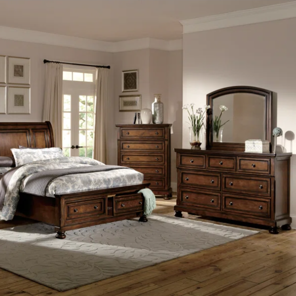 Timeless 5-Piece Platform Bedroom Set with Hidden Storage, Rich Medium Brown Finish, Birch Veneer, and Hardwood Accents - Featuring Bun Feet, Clever Drawer Storage, and Classic Transitional Design