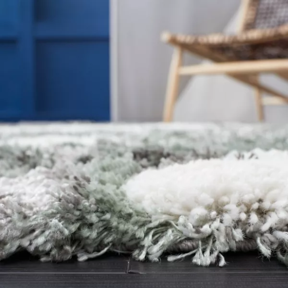 Plush Abstract Green, Grey, and White Pattern Shag Rug