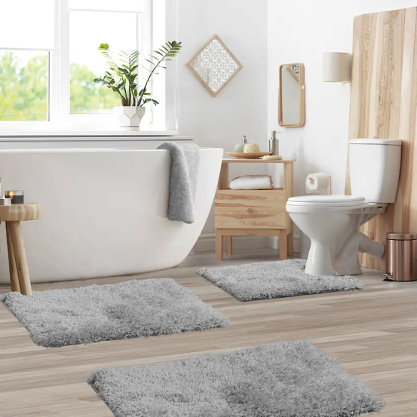 Light Grey Shaggy Bath Rug Set – Ultra-Soft Microfiber Non-Slip Bathroom Mat with Rubber Backing (2 or 3-Piece Set)