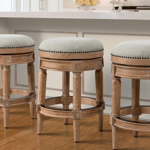 Backless Swivel 26" Counter-Height Bar Stool – Elegant Linen Upholstery with Nail Head Trim, 360-Degree Swivel, and Metal Footrest for Stylish Kitchen or Bar Seating