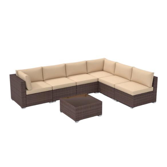 7-Piece Modular Patio Furniture Set | Wicker Outdoor Sectional Sofa with PE Rattan, Plush Pillowtop Cushions, and Coffee Table