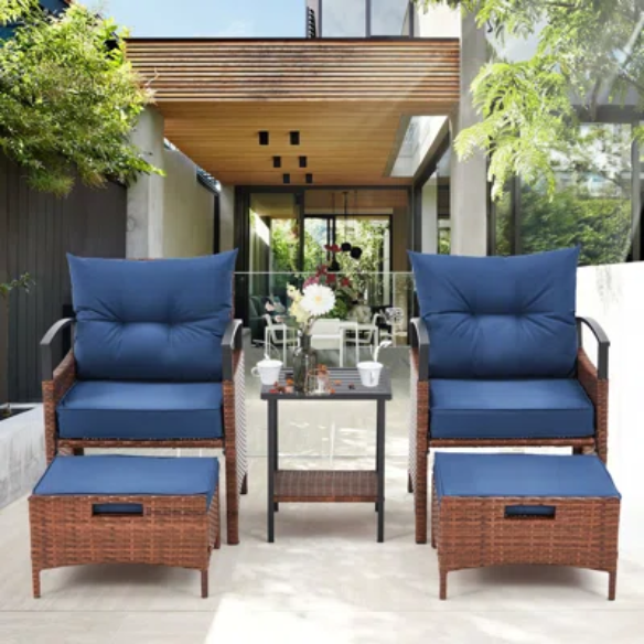 Patio Furniture Set | Outdoor Rattan Chairs with Tempered Glass Coffee Table, Ottomans, and Soft Cushions | Stylish Wicker Conversation Set