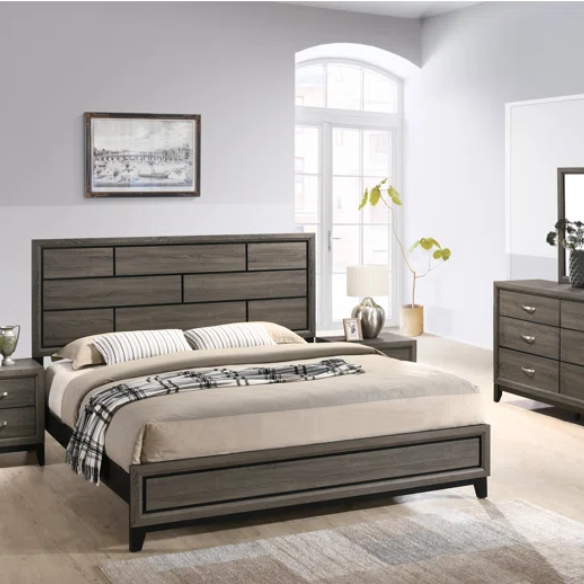 Rustic Cabin-Inspired 5-Piece Queen Bedroom Set with Carved Wood Panel Bed, Metal Hardware, and Dark Gray Brushed Finish