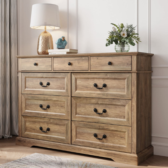Rustic Modern 9-Drawer 53.5'' Double Dresser with Inset Paneling, Crown Molding, and Customizable Metal Handles