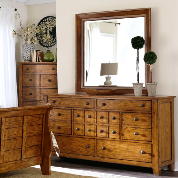 Rustic American Elegance: Sleigh Bed, Dresser & Mirror, Chest – Crafted with Rubberwood Solids & Oak Veneers, Featuring Antique Brass Hardware, Dovetail Construction, and Ample Storage for a Timeless, Durable Bedroom Collection