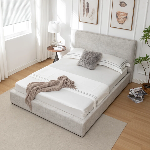 Elegant Grey Queen Size Upholstered Bed with Soft Bouclé Polyester Fabric – Modern and Stylish