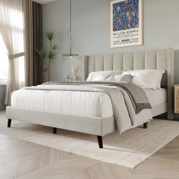 Queen Size Upholstered Wingback Bed with Soft Polyester Fabric – Elegant and Modern Design