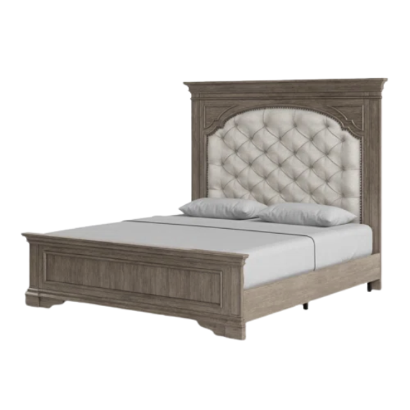 Rustic Driftwood Grey King 5-Piece Bedroom Set – Upholstered Tufted Bed, Nightstand, Dresser with Mirror, and Chest