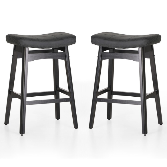 24-Inch Solid Wood Barstools with Linen/PU Leather Fabric Cushion – Set of 2 Backless Saddle Seat Counter Stools for Modern Living