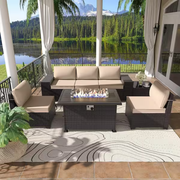 8-Piece Patio Furniture Set with 40" Fire Pit Table | Outdoor Wicker Sectional Sofa Set with Coffee Table | Perfect for Garden Gatherings