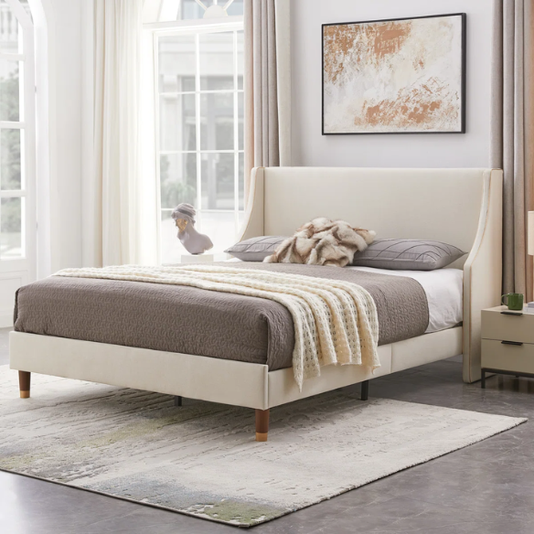 Elegant Linen Wingback Upholstered Platform Bed Frame – Luxurious Full Double Size Design with Gold Piping, Sturdy Support, and Effortless Assembly