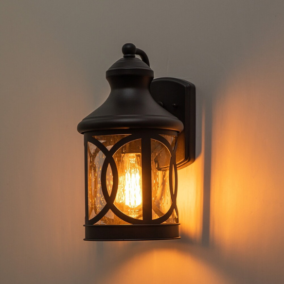 1-Light Matte Black Outdoor Wall Sconce with Seeded Glass Shade – Traditional Lantern Design, Weather-Resistant, Ideal for Porch, Patio, and Front Entrance