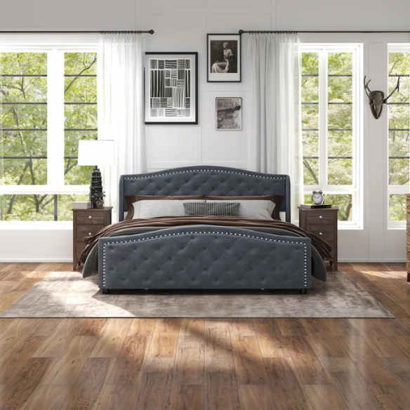 Luxurious King Size Velvet Upholstered Platform Bed with Tufted Camelback Headboard, Nailhead Trim, and 4 Built-In Storage Drawers – Stylish and Functional Bedroom Upgrade