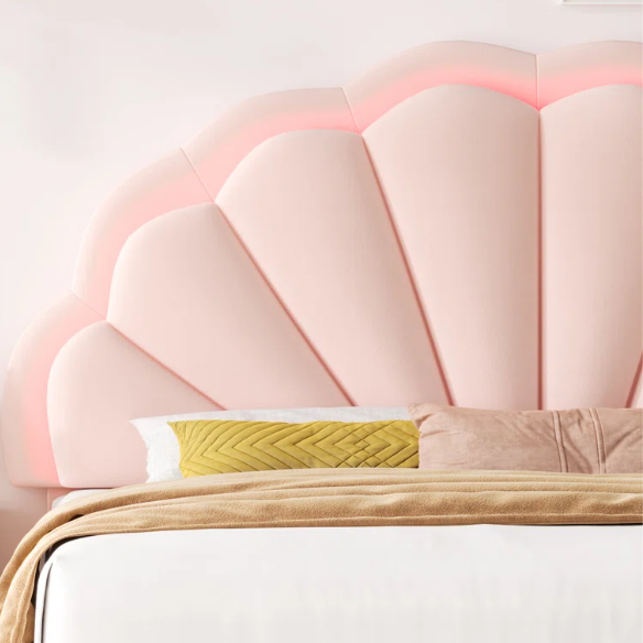 Floral-Inspired Queen Size Upholstered LED Bed Frame with Luxury Velvet, Drawer, and Adjustable Headboard