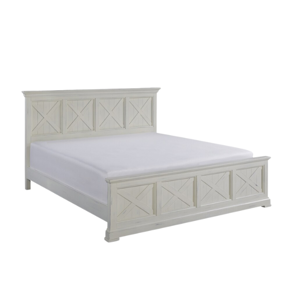 Farmhouse-Style 3-Piece X-Detail King Bed, Nightstand, and Chest Set with Weathered White Coating