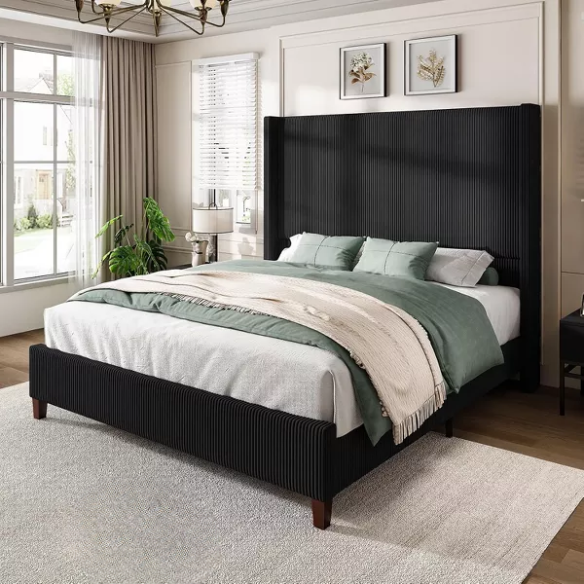 Queen Size Upholstered Wingback Platform Bed in Ribbed Corduroy Fabric