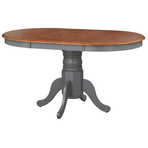 Farmhouse Solid Rubberwood Dining Table with 22-Inch Extension Leaf – Pedestal Base, Seats 6, Available in Oak, Matte Black, White/Natural, Grey/Walnut Finishes