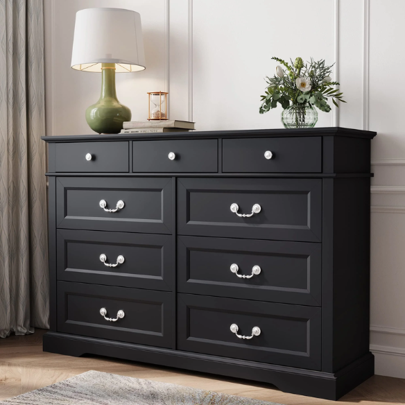 Rustic Modern 9-Drawer 53.5'' Double Dresser with Inset Paneling, Crown Molding, and Customizable Metal Handles
