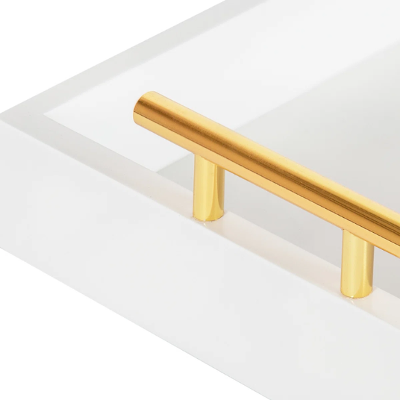Sleek and Sophisticated Long Rectangular Serving Tray – High Gloss Wood with Polished Metal Handles, Perfect for Entryway, Vanity, or Coffee Table