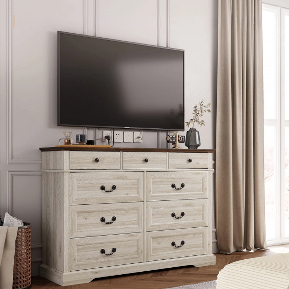 Rustic Modern 9-Drawer 53.5'' Double Dresser with Inset Paneling, Crown Molding, and Customizable Metal Handles