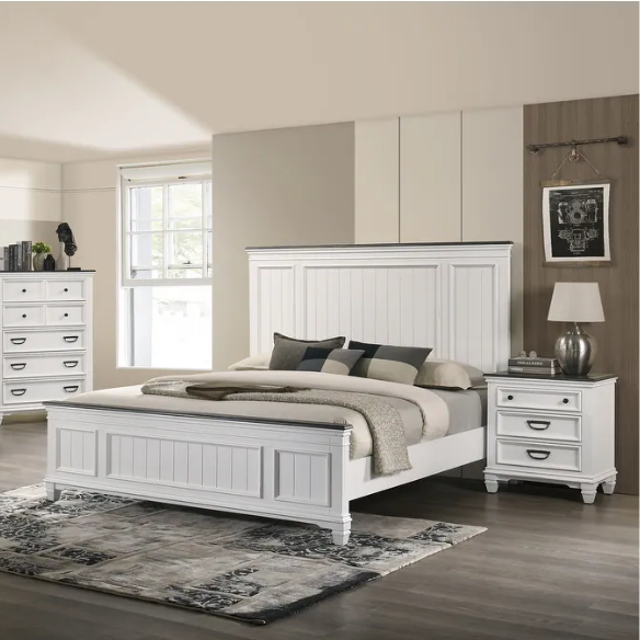 Modern Farmhouse 5-Piece Wood Bedroom Set with Shiplap Detailing, Weathered White Finish, and Black Finished Hardware