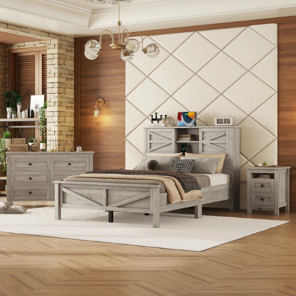 3-Piece Farmhouse Queen Bedroom Set – Platform Bed with Sliding Door Storage Headboard and Charging, Nightstand, and Dresser – Modern Design with Ample Storage