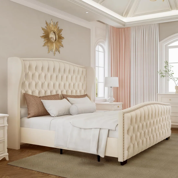 Luxurious King Size Velvet Upholstered Platform Bed Frame with Wingback Headboard – Handmade Button Tufting, Nailhead Detailing, Sturdy Construction, and No Box Spring Needed