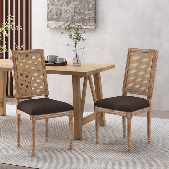 French Country Wood and Cane Upholstered Dining Chairs – Weathered Rubberwood Frame with Fluted Legs & Rectangular Cane Backrest