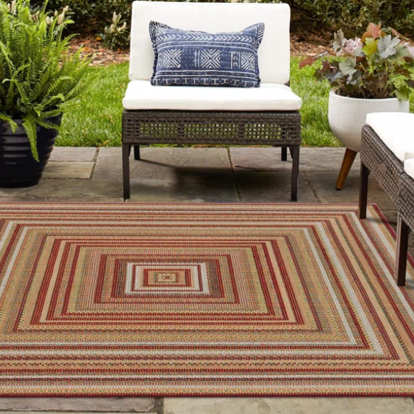 Coastal-Inspired Geometric Rug – Fade & Stain-Resistant, Burgundy,Ivory,Orange,Green,Blue Pattern, Ideal for Indoor/Outdoor Use