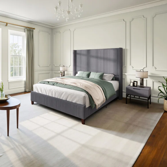 Queen Size Upholstered Wingback Platform Bed in Ribbed Corduroy Fabric