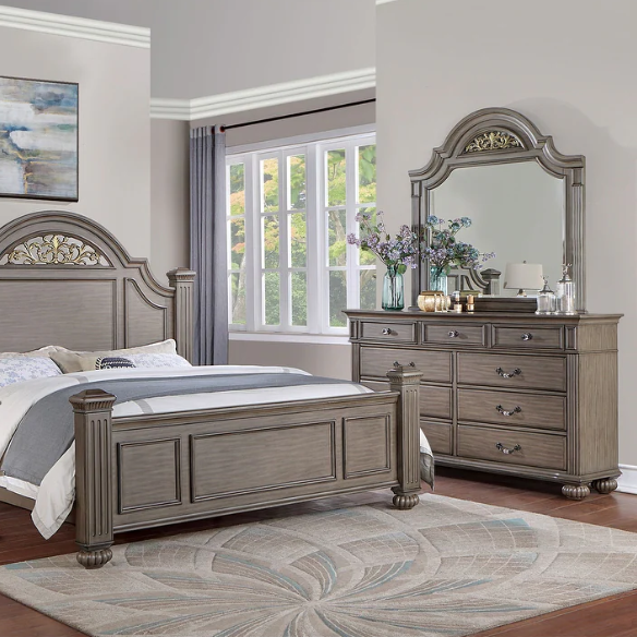 Elegant Traditional 5-Piece Grey Wood Poster Bedroom Set with Fluted Columns, Carved Floral Accents, and Bell-Shaped Headboard