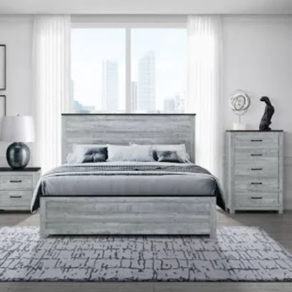 Rustic Grey Wash Queen 5-Piece Bedroom Set – Plank Design Bed, Dresser, Nightstand, and Chest with Black Accents and Durable Hardware