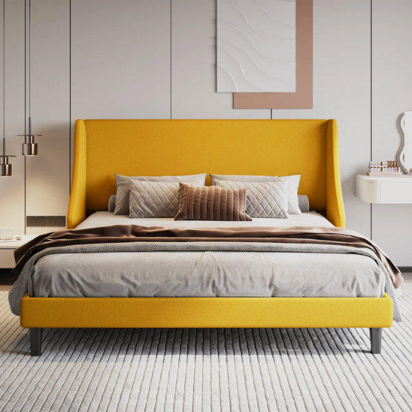 Luxurious King Size Upholstered Platform Bed with Deluxe Wingback Headboard – Soft Velvet and Linen Blend Upholstery, Sturdy Solid Wood Frame, and Modern Minimalist Design for Ultimate Comfort