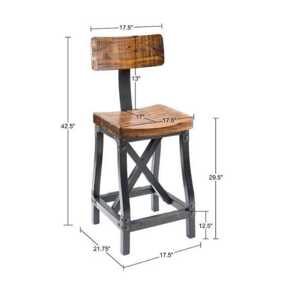 Retro Counter Stool with Back – Vintage Industrial Design, Solid Wood Seat, Antique Silver Metal Finish, and Removable Backrest for Versatile Seating