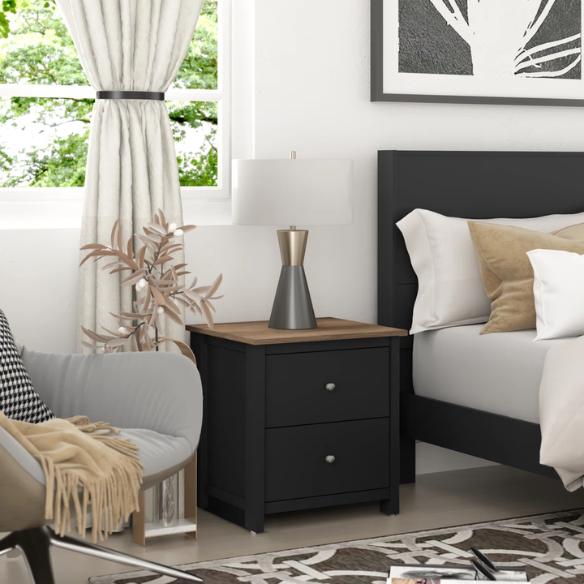 2-Drawer Nightstand – Neutral Engineered Wood, Streamlined Rectangular Design, Four Block Legs, Convenient Storage with Roller-Glide Drawers & Metal Knobs, Perfect for Traditional & Contemporary Bedroom