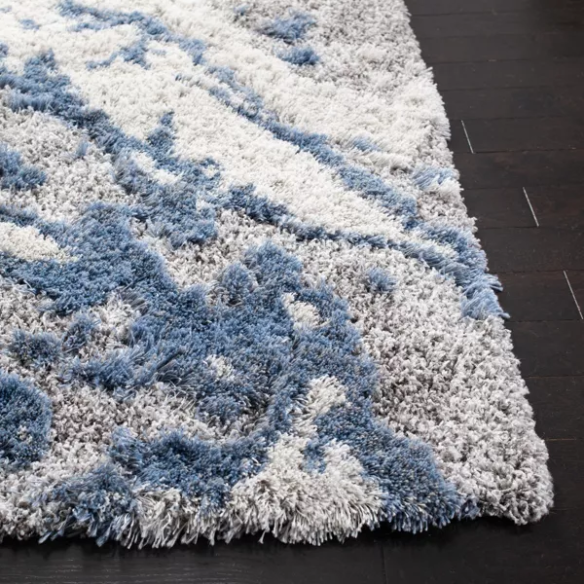 Plush Abstract Blue, Grey, and White Pattern Shag Rug
