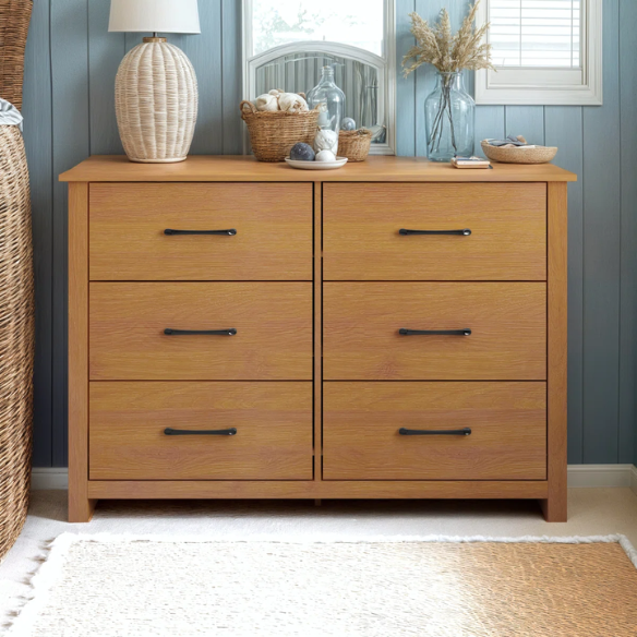 Modern 6-Drawer Double Dresser with Flared Feet and Sleek Black Metal Handles