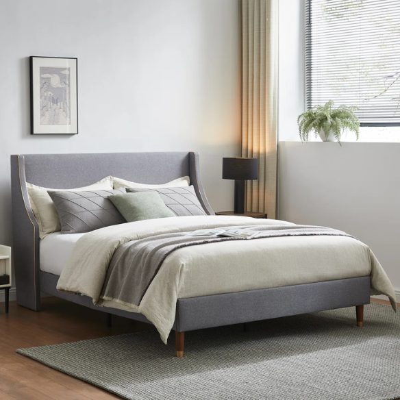Elegant Linen Wingback Upholstered Platform Bed Frame – Luxurious Full Double Size Design with Gold Piping, Sturdy Support, and Effortless Assembly