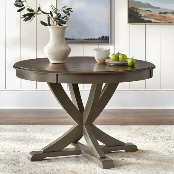 Country-Style 3-Piece Dining Set – Round Beadboard Table with X-Base and Geometric Back Chairs