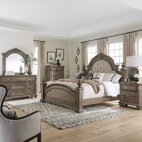 Brown & Beige King Poster Bedroom Set with Dresser, Mirror, Chest & Nightstand – Rustic Hickory Veneers, Sand Linen Upholstery, Antique Brass Accents